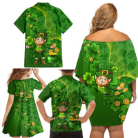 Happy St Patricks Day Family Matching Off Shoulder Short Dress and Hawaiian Shirt 2024 Irish Shamrocks With Lucky Leprechaun - Wonder Print Shop