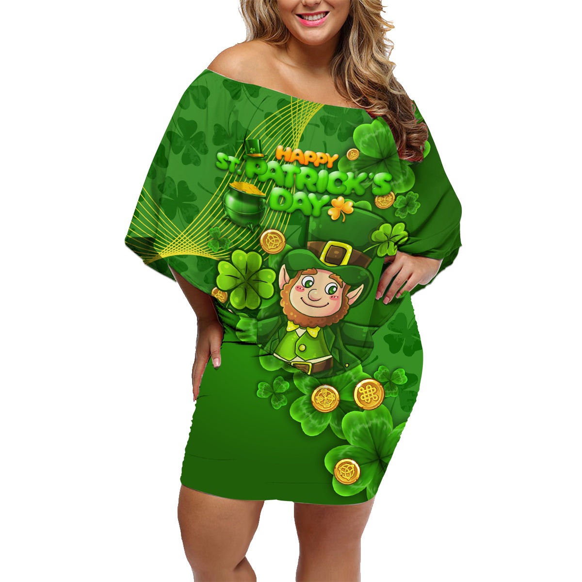 Happy St Patricks Day Family Matching Off Shoulder Short Dress and Hawaiian Shirt 2024 Irish Shamrocks With Lucky Leprechaun - Wonder Print Shop