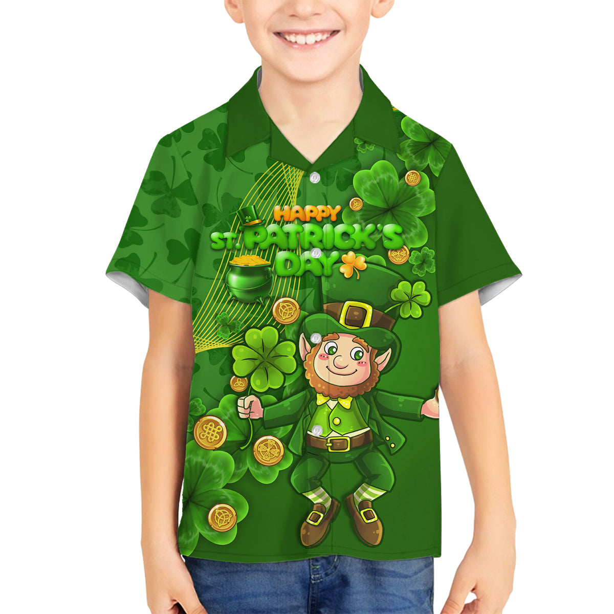 Happy St Patricks Day Family Matching Off Shoulder Short Dress and Hawaiian Shirt 2024 Irish Shamrocks With Lucky Leprechaun - Wonder Print Shop