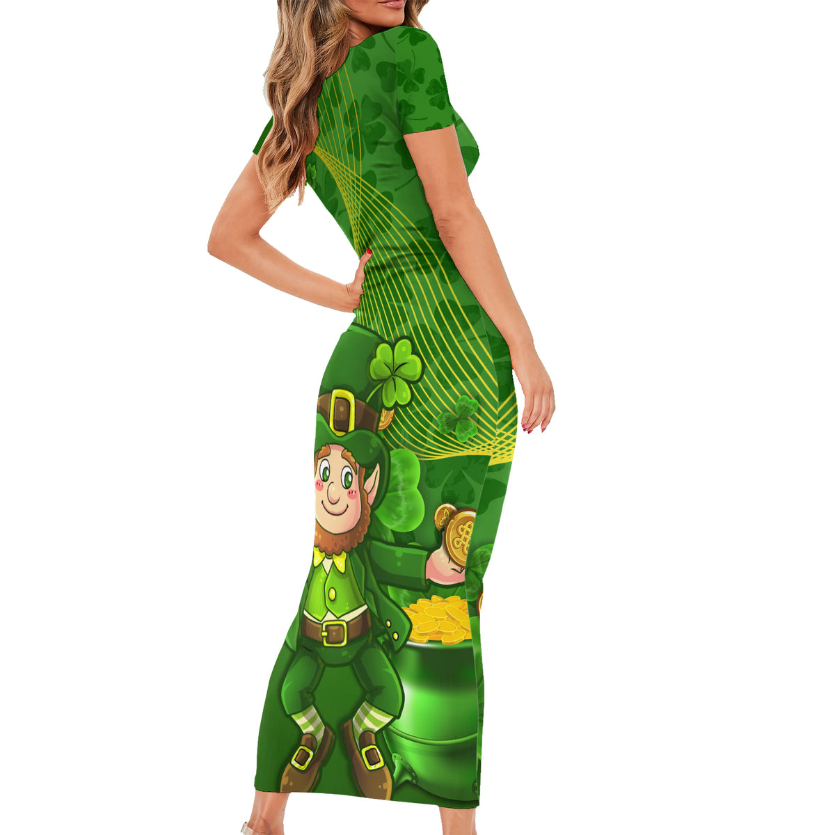 Happy St Patricks Day Family Matching Short Sleeve Bodycon Dress and Hawaiian Shirt 2024 Irish Shamrocks With Lucky Leprechaun - Wonder Print Shop