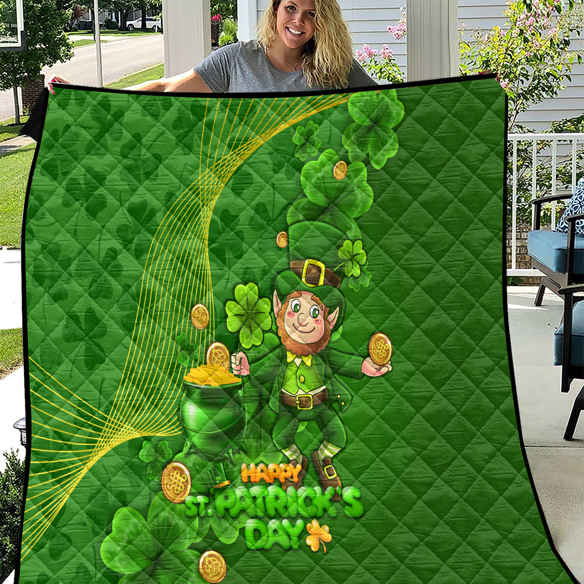 Happy St Patricks Day Quilt 2024 Irish Shamrocks With Lucky Leprechaun - Wonder Print Shop