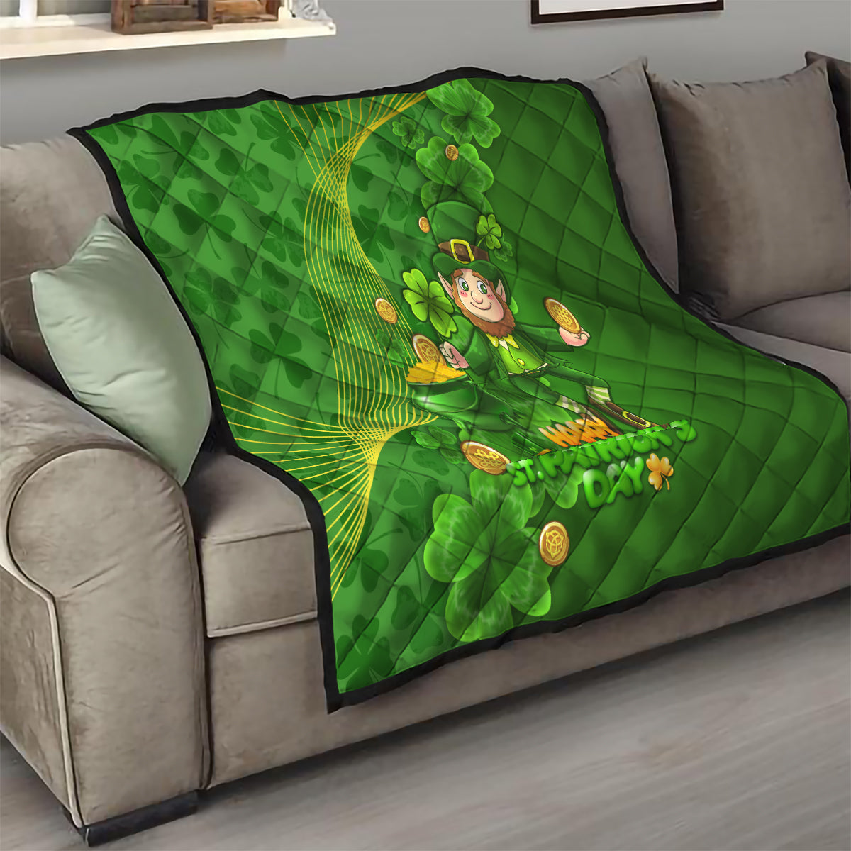 Happy St Patricks Day Quilt 2024 Irish Shamrocks With Lucky Leprechaun - Wonder Print Shop