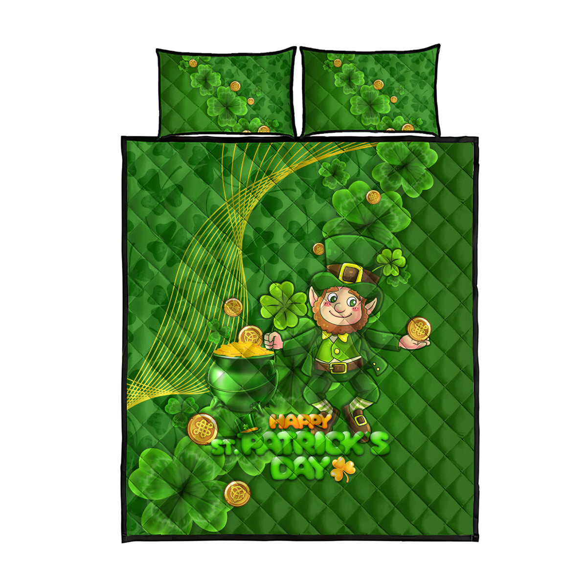 Happy St Patricks Day Quilt Bed Set 2024 Irish Shamrocks With Lucky Leprechaun - Wonder Print Shop