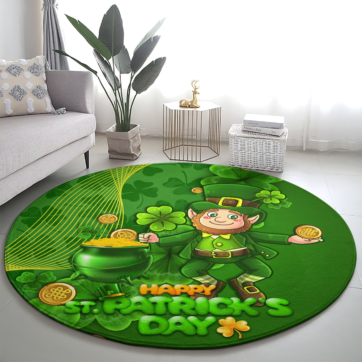 Happy St Patricks Day Round Carpet 2024 Irish Shamrocks With Lucky Leprechaun