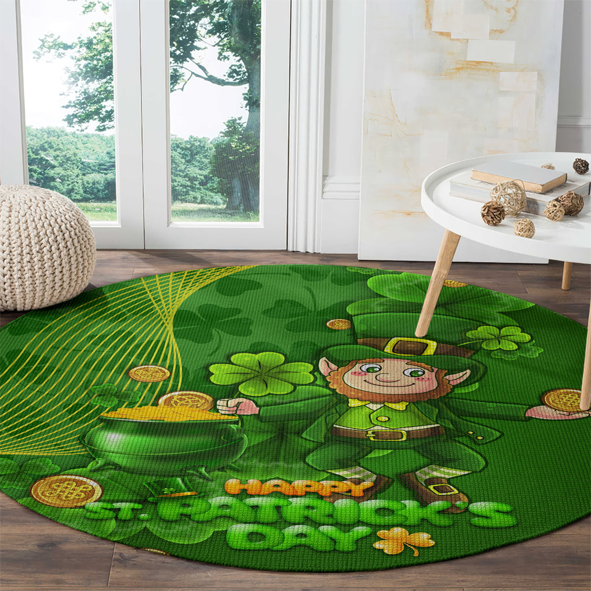 Happy St Patricks Day Round Carpet 2024 Irish Shamrocks With Lucky Leprechaun
