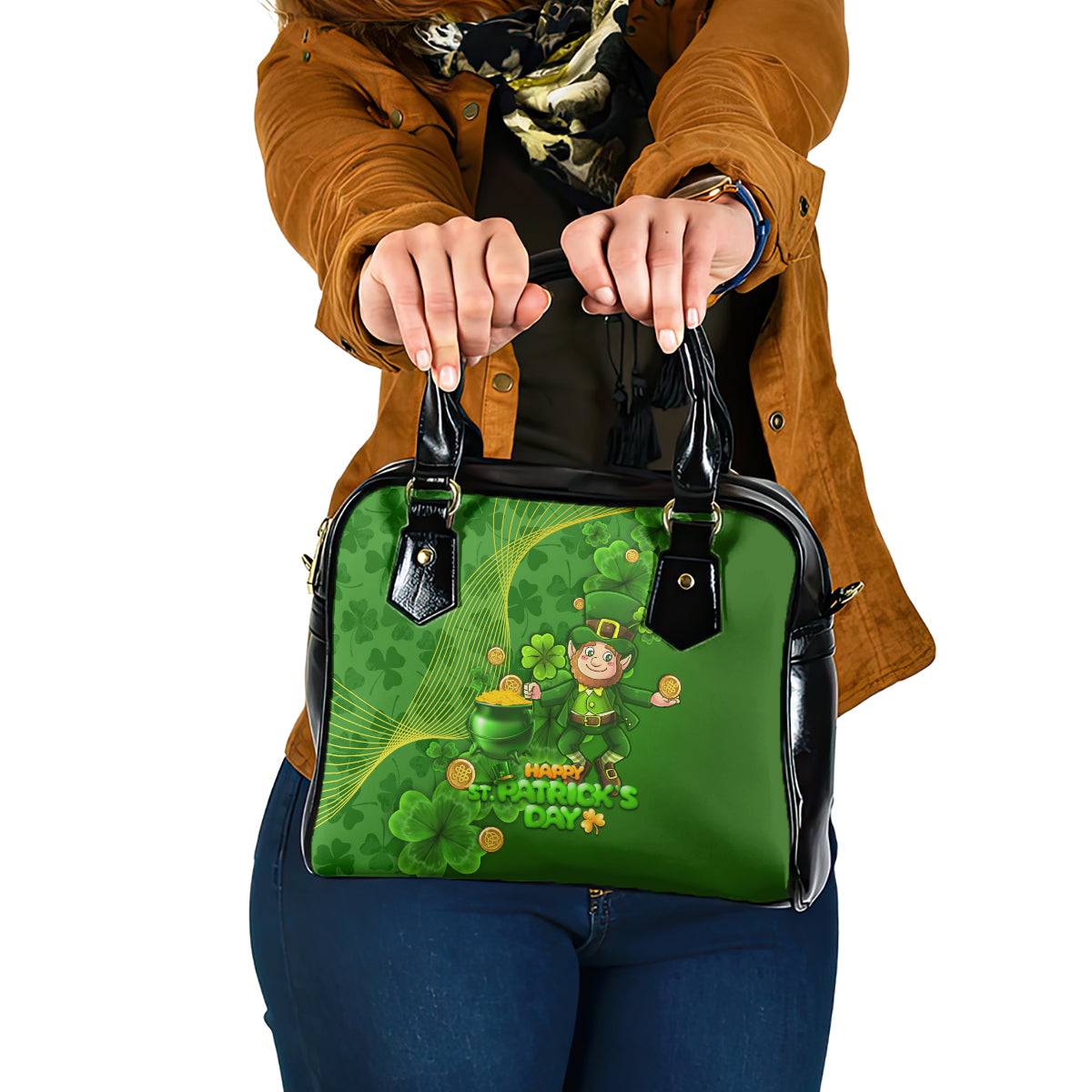 Happy St Patricks Day Shoulder Handbag 2024 Irish Shamrocks With Lucky Leprechaun