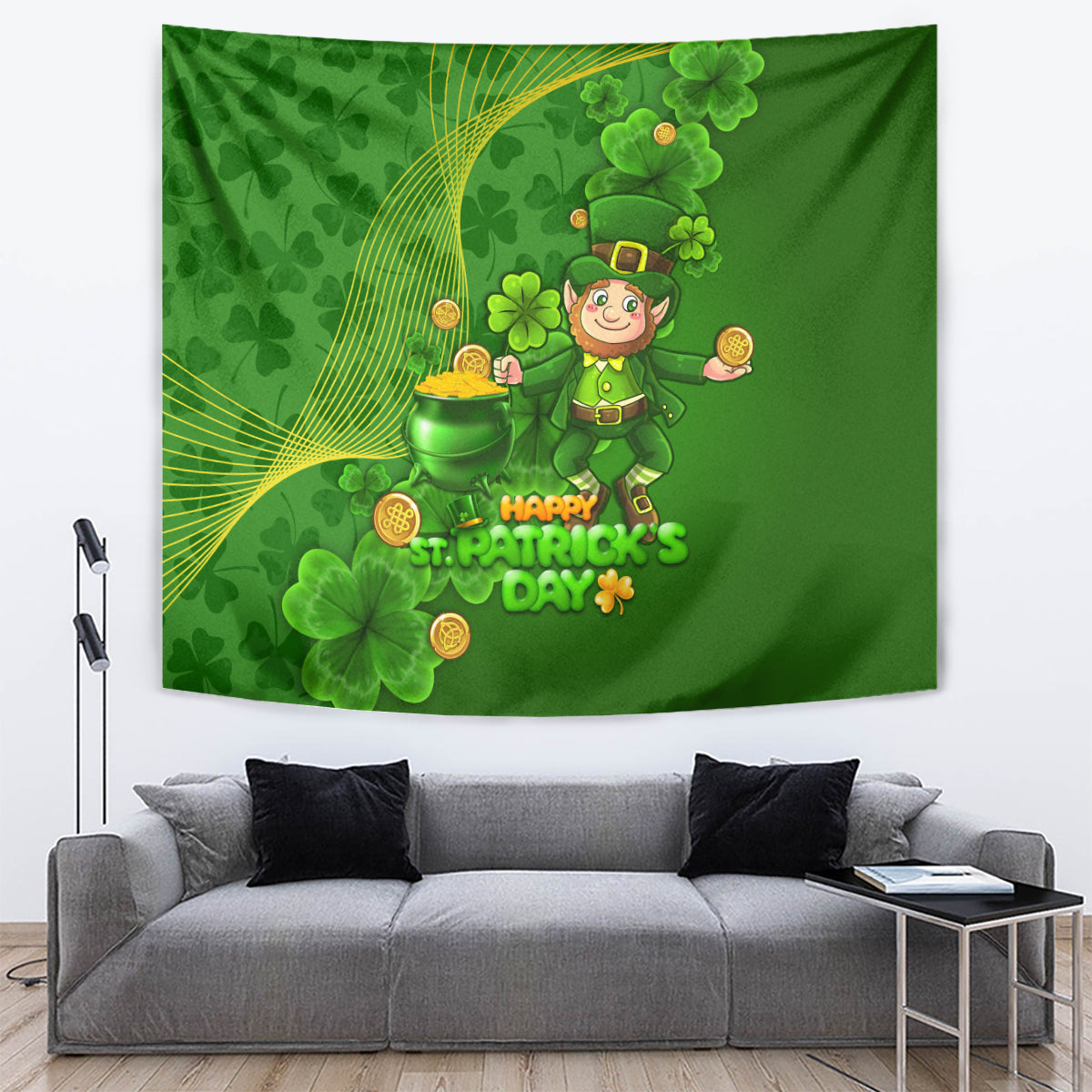 Happy St Patricks Day Tapestry 2024 Irish Shamrocks With Lucky Leprechaun - Wonder Print Shop