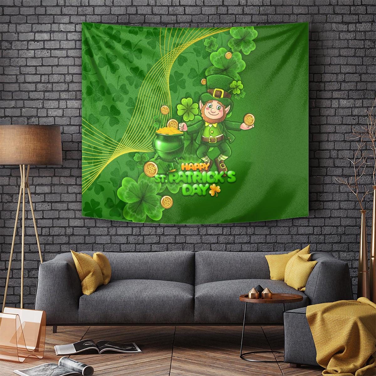 Happy St Patricks Day Tapestry 2024 Irish Shamrocks With Lucky Leprechaun - Wonder Print Shop