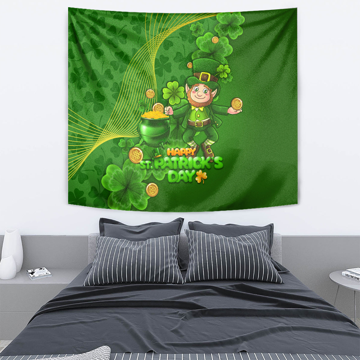 Happy St Patricks Day Tapestry 2024 Irish Shamrocks With Lucky Leprechaun - Wonder Print Shop