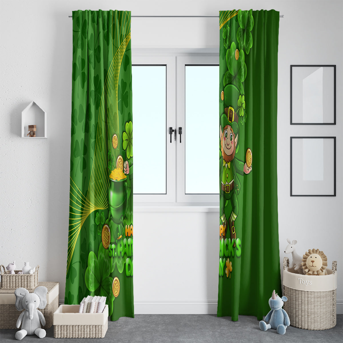 Happy St Patricks Day Window Curtain 2024 Irish Shamrocks With Lucky Leprechaun - Wonder Print Shop