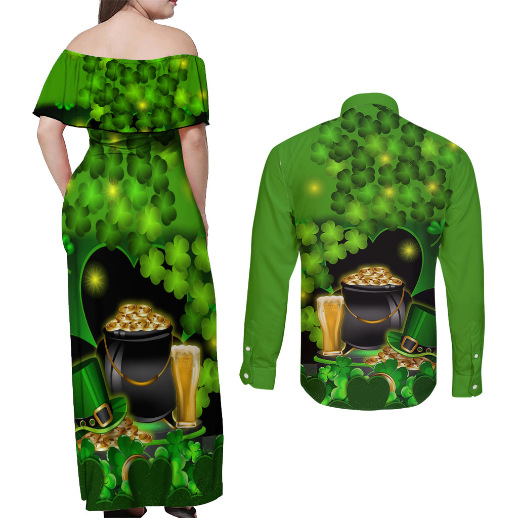 Happy St Patricks Day Couples Matching Off Shoulder Maxi Dress and Long Sleeve Button Shirt La Fheile Padraig Shamrock Style - Wonder Print Shop
