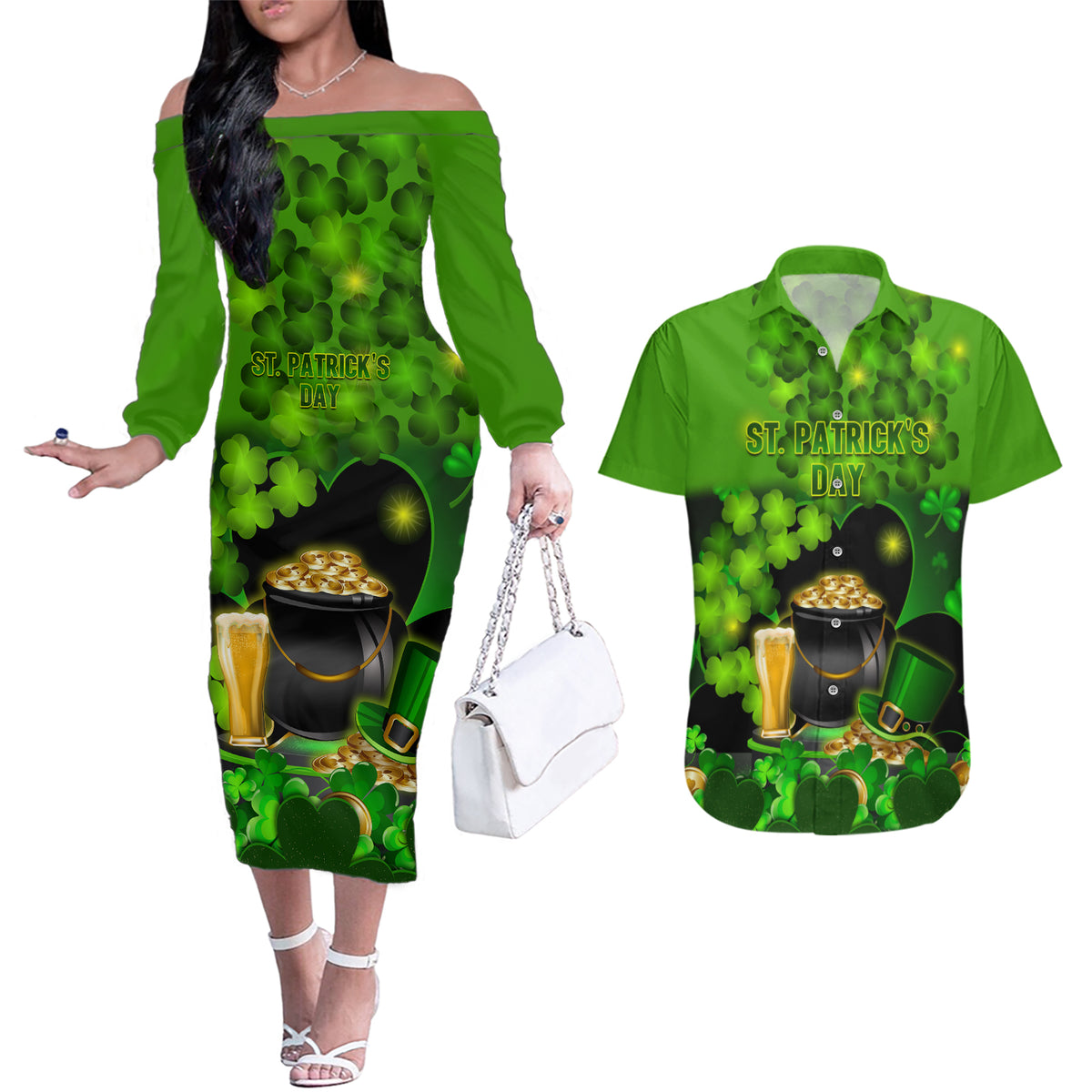 Happy St Patricks Day Couples Matching Off The Shoulder Long Sleeve Dress and Hawaiian Shirt La Fheile Padraig Shamrock Style - Wonder Print Shop