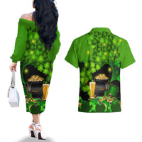Happy St Patricks Day Couples Matching Off The Shoulder Long Sleeve Dress and Hawaiian Shirt La Fheile Padraig Shamrock Style - Wonder Print Shop