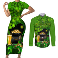 Happy St Patricks Day Couples Matching Short Sleeve Bodycon Dress and Long Sleeve Button Shirt La Fheile Padraig Shamrock Style - Wonder Print Shop