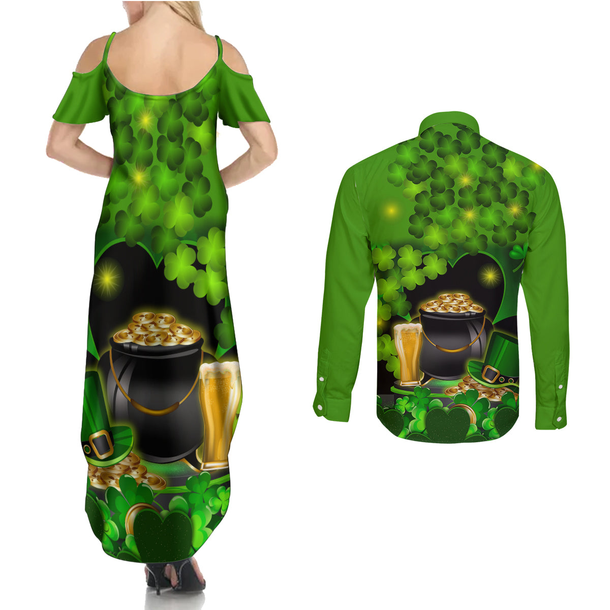 Happy St Patricks Day Couples Matching Summer Maxi Dress and Long Sleeve Button Shirt La Fheile Padraig Shamrock Style - Wonder Print Shop
