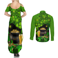 Happy St Patricks Day Couples Matching Summer Maxi Dress and Long Sleeve Button Shirt La Fheile Padraig Shamrock Style - Wonder Print Shop