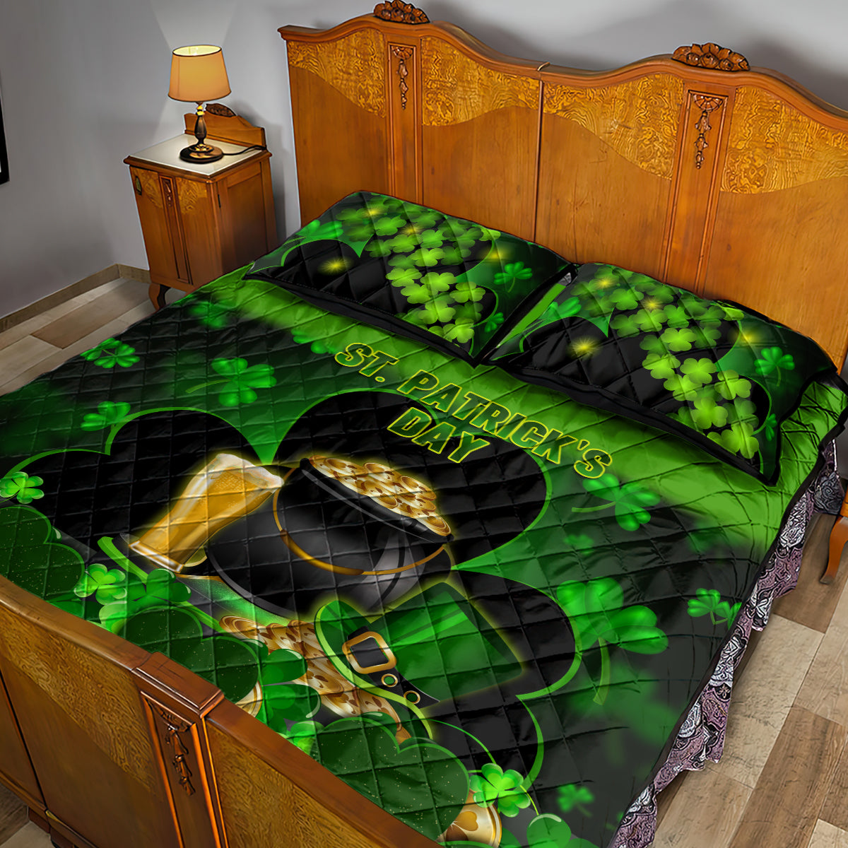 Happy St Patricks Day Quilt Bed Set La Fheile Padraig Shamrock Style - Wonder Print Shop