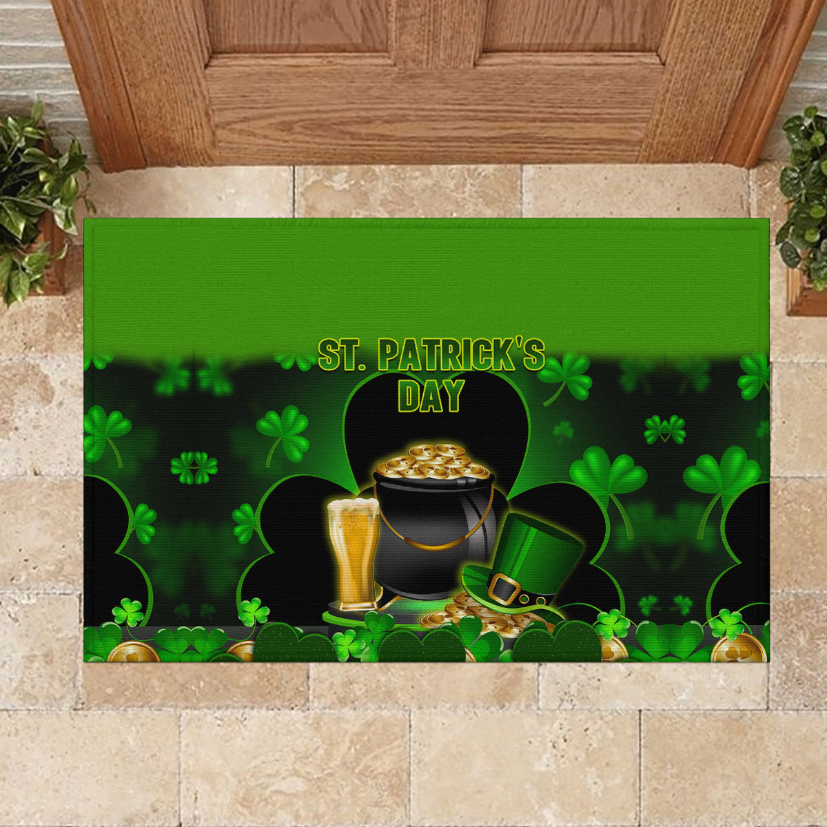 Happy St Patricks Day Rubber Doormat La Fheile Padraig Shamrock Style - Wonder Print Shop