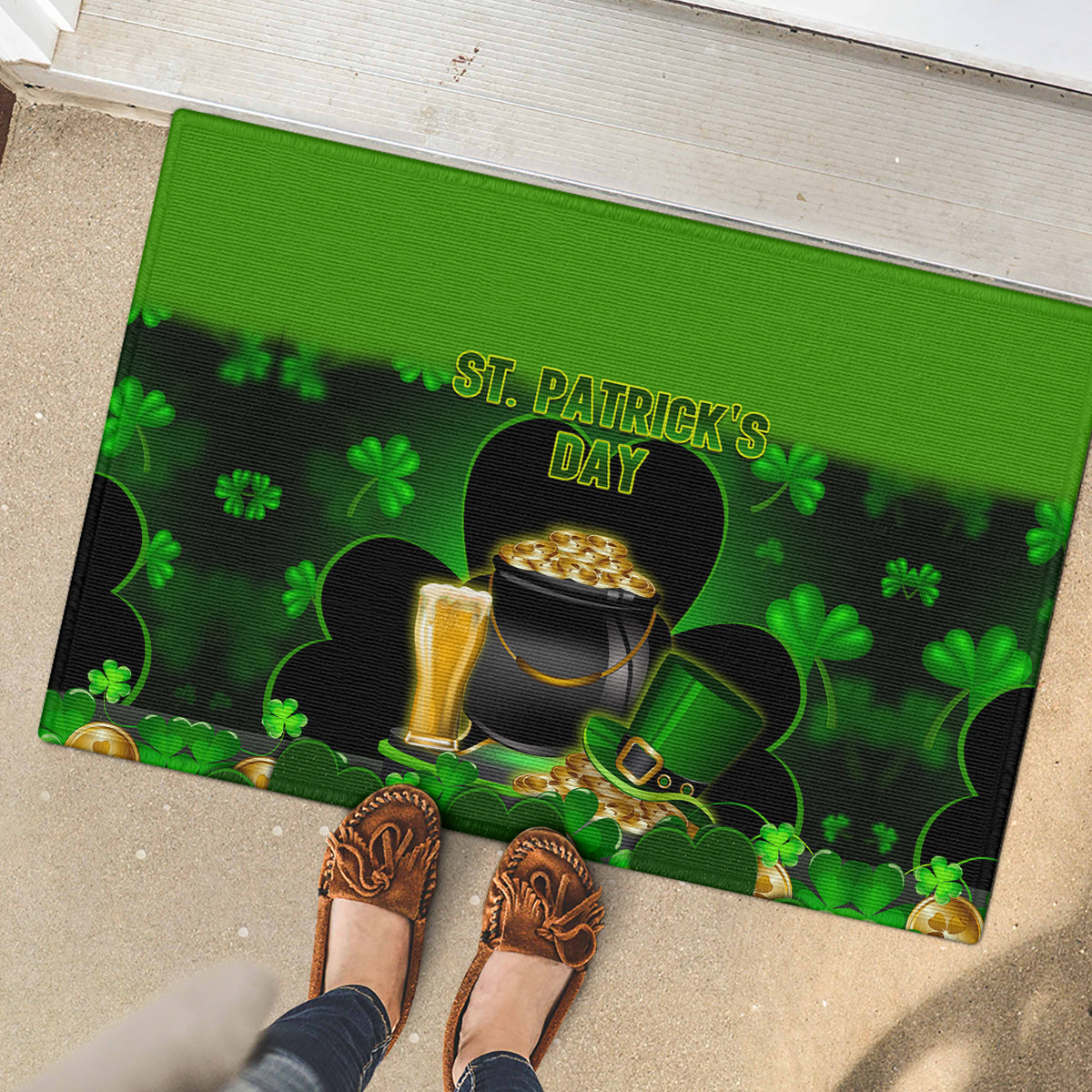 Happy St Patricks Day Rubber Doormat La Fheile Padraig Shamrock Style - Wonder Print Shop