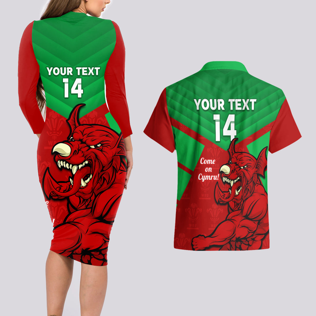 Custom Wales Rugby Couples Matching Long Sleeve Bodycon Dress and Hawaiian Shirt 2024 Six Nations Come On Cymru Mascot Sporty - Wonder Print Shop