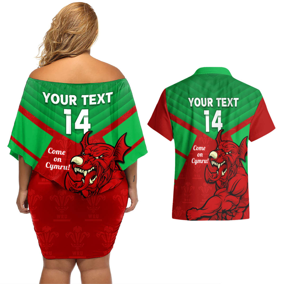 Custom Wales Rugby Couples Matching Off Shoulder Short Dress and Hawaiian Shirt 2024 Six Nations Come On Cymru Mascot Sporty - Wonder Print Shop