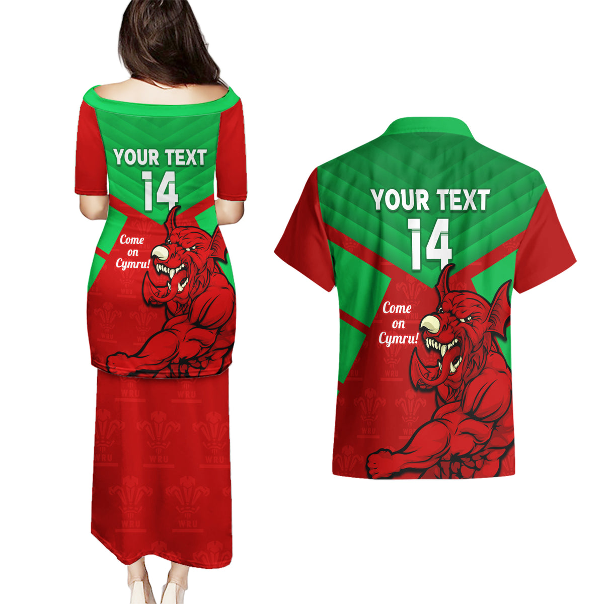 Custom Wales Rugby Couples Matching Puletasi and Hawaiian Shirt 2024 Six Nations Come On Cymru Mascot Sporty - Wonder Print Shop