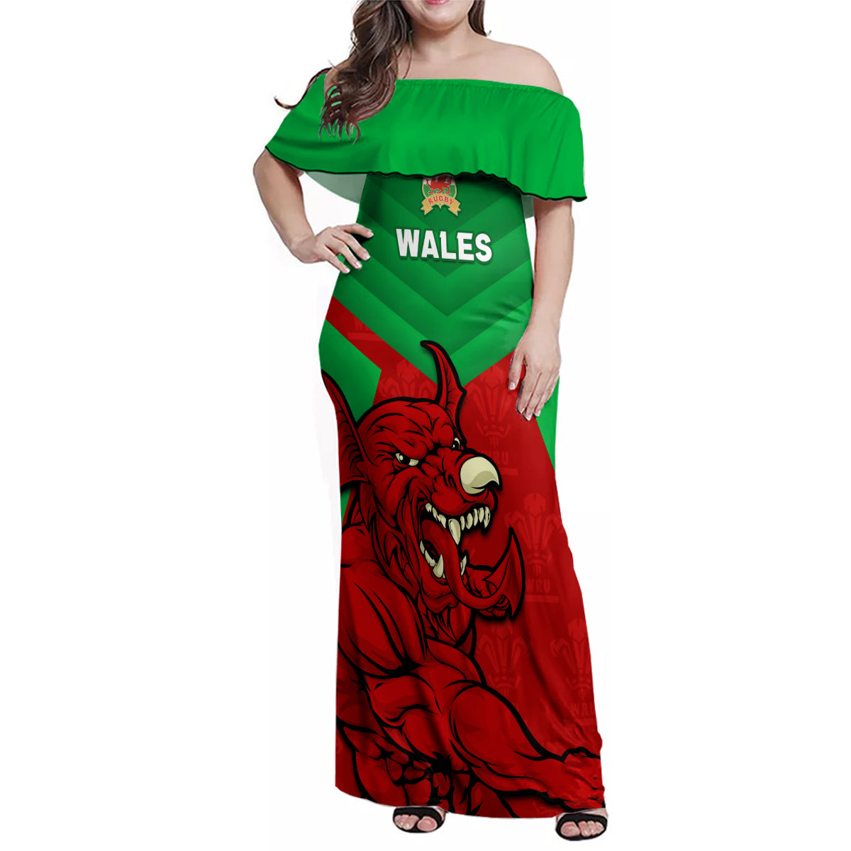 Custom Wales Rugby Family Matching Off Shoulder Maxi Dress and Hawaiian Shirt 2024 Six Nations Come On Cymru Mascot Sporty - Wonder Print Shop