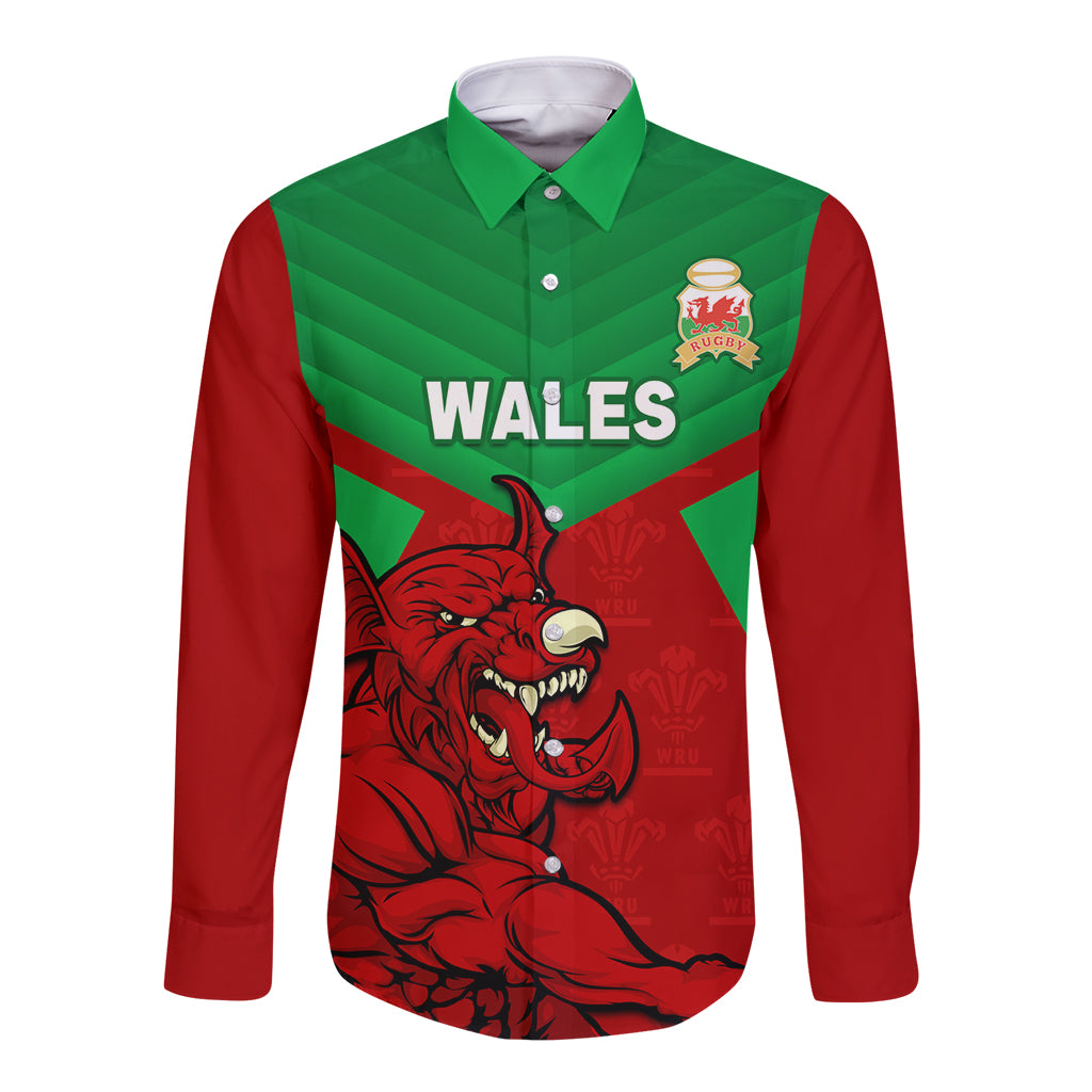 Custom Wales Rugby Long Sleeve Button Shirt 2024 Six Nations Come On Cymru Mascot Sporty - Wonder Print Shop