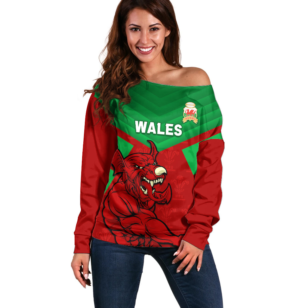 Custom Wales Rugby Off Shoulder Sweater 2024 Six Nations Come On Cymru Mascot Sporty - Wonder Print Shop