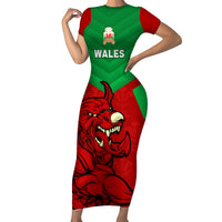 Custom Wales Rugby Short Sleeve Bodycon Dress 2024 Six Nations Come On Cymru Mascot Sporty - Wonder Print Shop