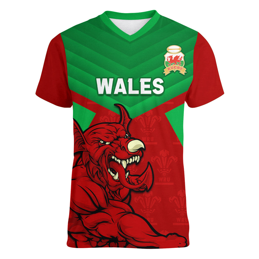 Custom Wales Rugby Women V Neck T Shirt 2024 Six Nations Come On Cymru Mascot Sporty - Wonder Print Shop