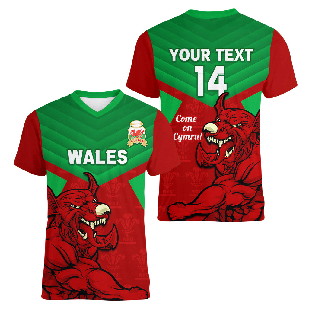 Custom Wales Rugby Women V Neck T Shirt 2024 Six Nations Come On Cymru Mascot Sporty - Wonder Print Shop