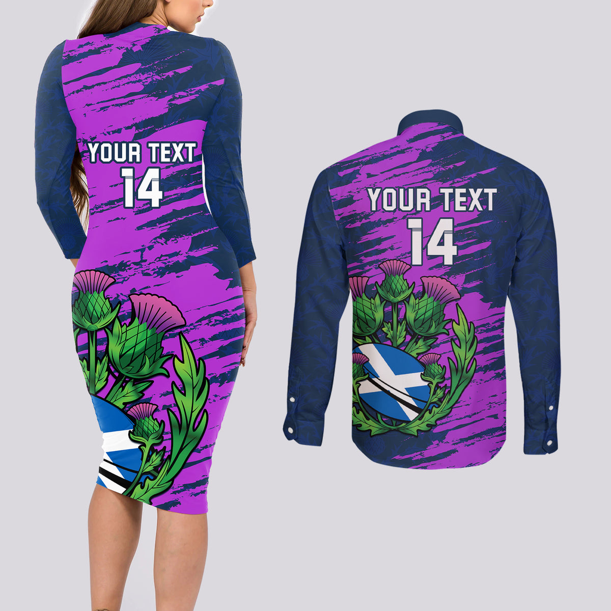Custom Scotland Rugby Couples Matching Long Sleeve Bodycon Dress and Long Sleeve Button Shirt 2024 Six Nations Go Scottish Thistle - Wonder Print Shop