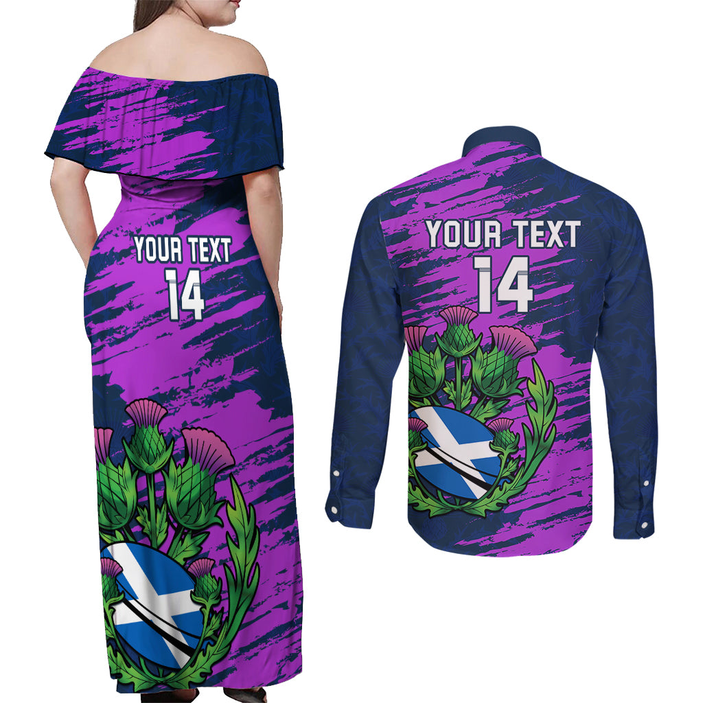 Custom Scotland Rugby Couples Matching Off Shoulder Maxi Dress and Long Sleeve Button Shirt 2024 Six Nations Go Scottish Thistle - Wonder Print Shop