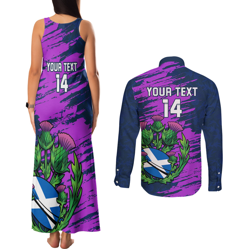 Custom Scotland Rugby Couples Matching Tank Maxi Dress and Long Sleeve Button Shirt 2024 Six Nations Go Scottish Thistle - Wonder Print Shop