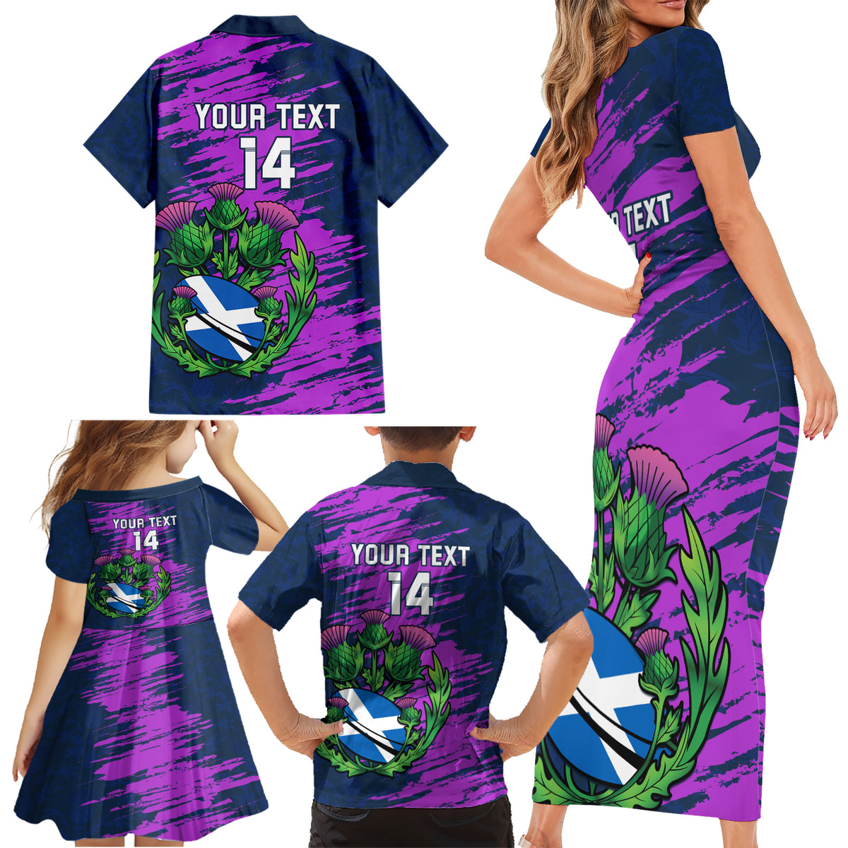 Custom Scotland Rugby Family Matching Short Sleeve Bodycon Dress and Hawaiian Shirt 2024 Six Nations Go Scottish Thistle - Wonder Print Shop