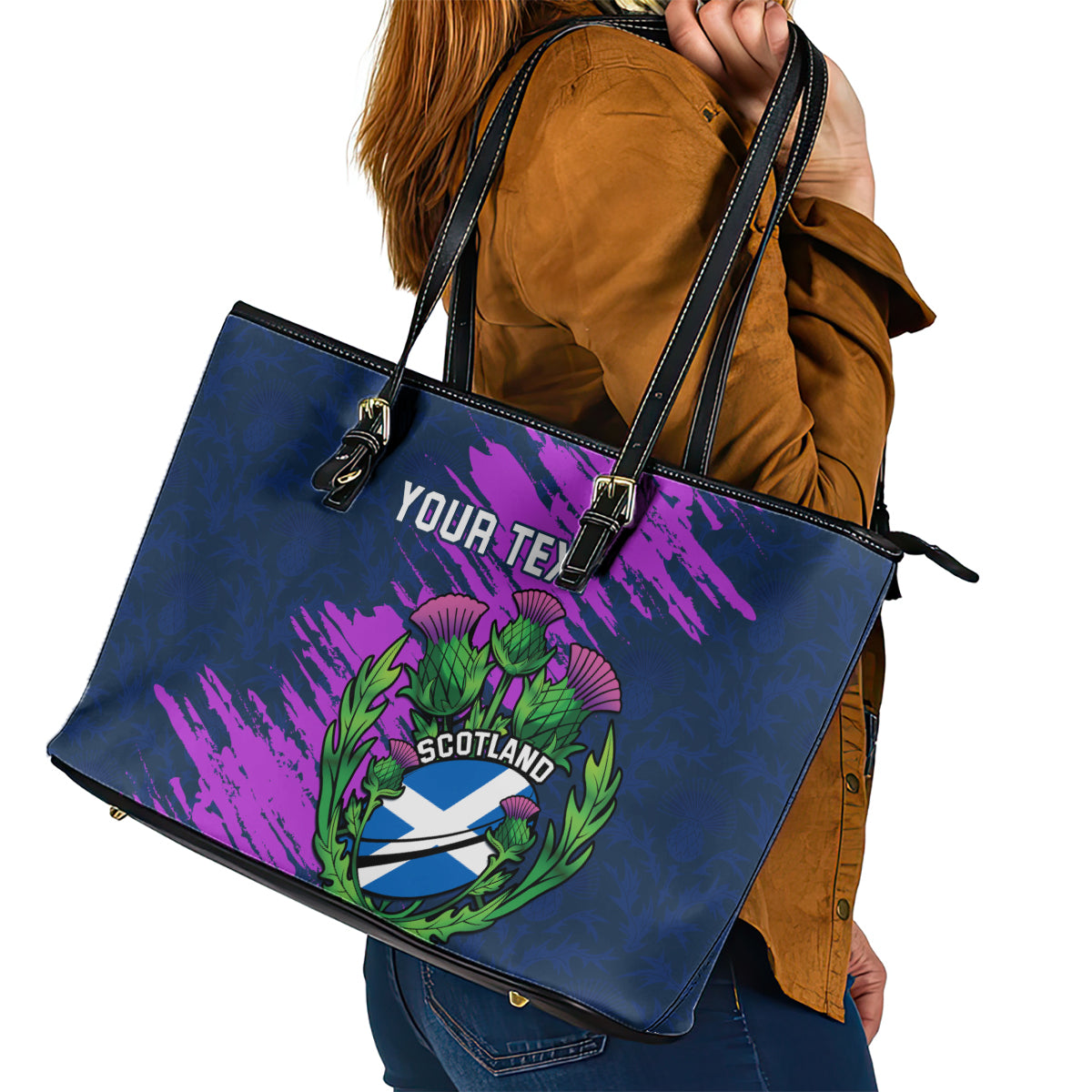 Custom Scotland Rugby Leather Tote Bag 2024 Six Nations Go Scottish Thistle - Wonder Print Shop