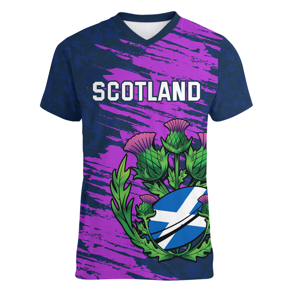 Custom Scotland Rugby Women V Neck T Shirt 2024 Six Nations Go Scottish Thistle - Wonder Print Shop