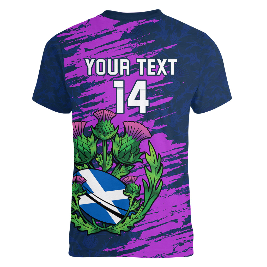 Custom Scotland Rugby Women V Neck T Shirt 2024 Six Nations Go Scottish Thistle - Wonder Print Shop