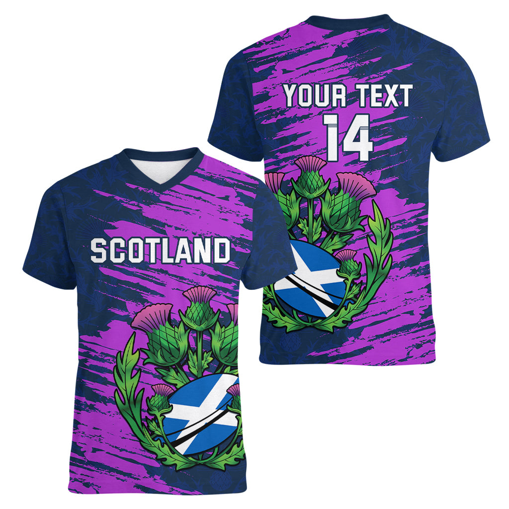 Custom Scotland Rugby Women V Neck T Shirt 2024 Six Nations Go Scottish Thistle - Wonder Print Shop