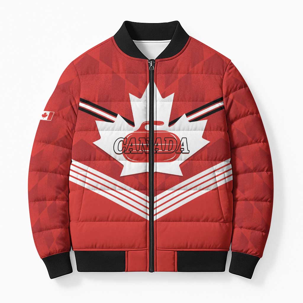 Personalized Canada Curling Bomber Puffer Jacket Maple Leaf Red Version - Wonder Print Shop