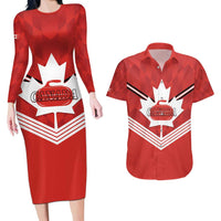 Personalized Canada Curling Couples Matching Long Sleeve Bodycon Dress and Hawaiian Shirt Maple Leaf Red Version - Wonder Print Shop