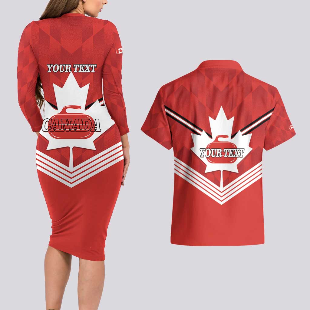 Personalized Canada Curling Couples Matching Long Sleeve Bodycon Dress and Hawaiian Shirt Maple Leaf Red Version - Wonder Print Shop