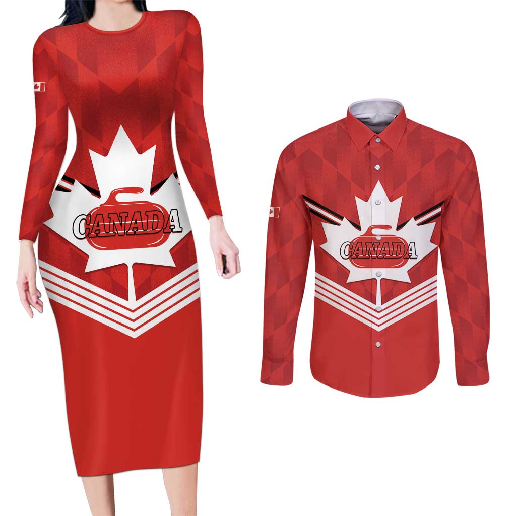 Personalized Canada Curling Couples Matching Long Sleeve Bodycon Dress and Long Sleeve Button Shirt Maple Leaf Red Version - Wonder Print Shop