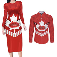 Personalized Canada Curling Couples Matching Long Sleeve Bodycon Dress and Long Sleeve Button Shirt Maple Leaf Red Version - Wonder Print Shop