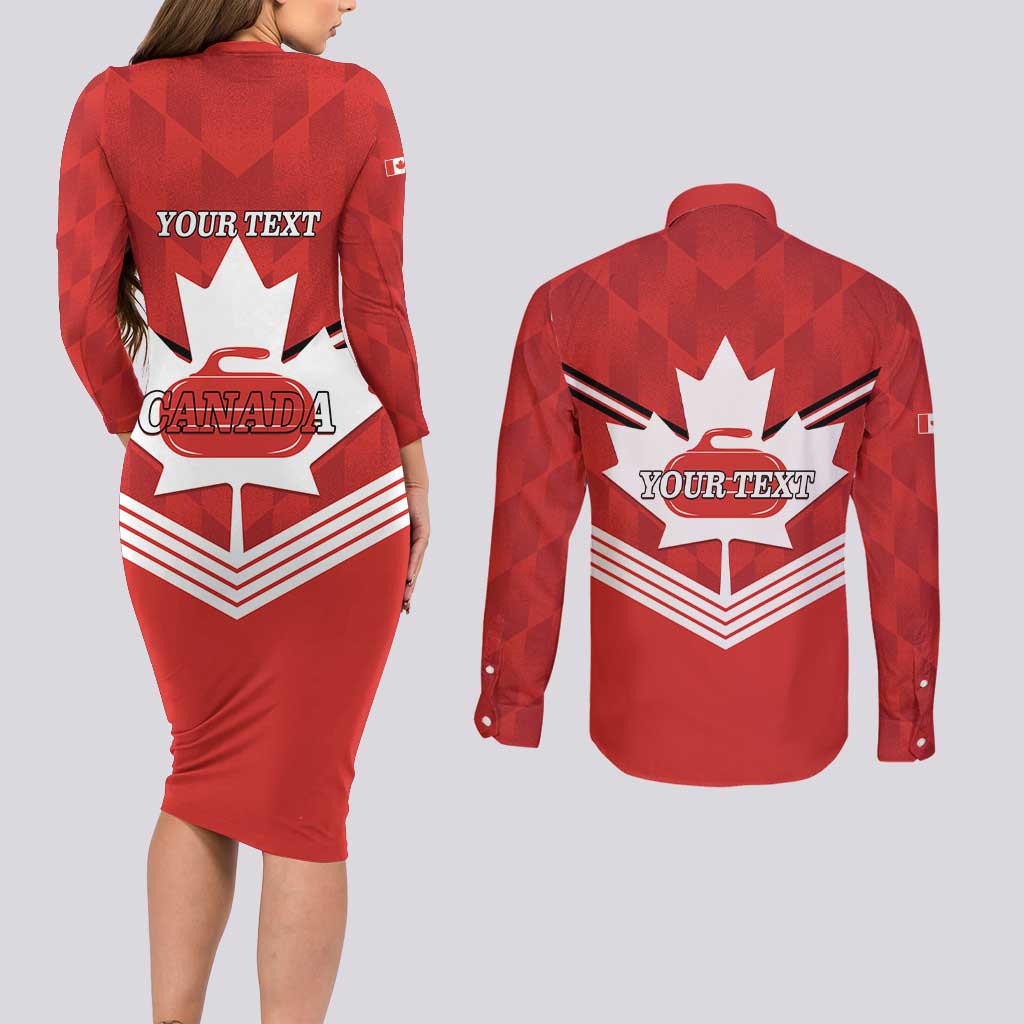 Personalized Canada Curling Couples Matching Long Sleeve Bodycon Dress and Long Sleeve Button Shirt Maple Leaf Red Version - Wonder Print Shop