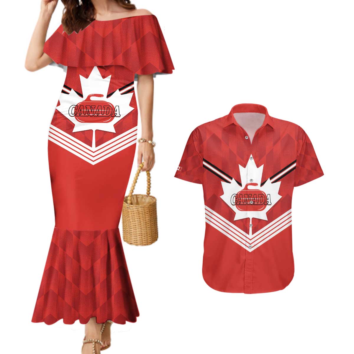 Personalized Canada Curling Couples Matching Mermaid Dress and Hawaiian Shirt Maple Leaf Red Version - Wonder Print Shop