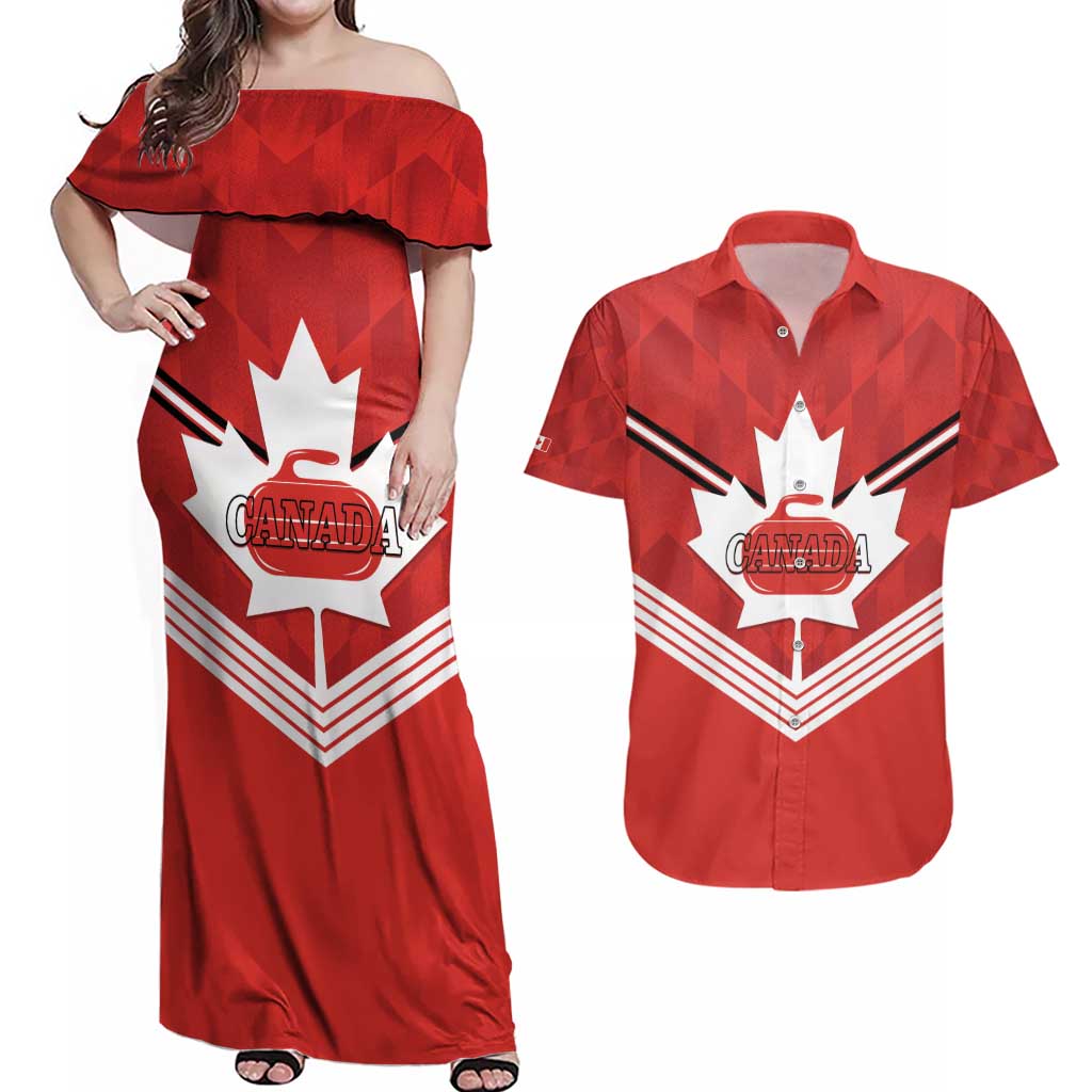 Personalized Canada Curling Couples Matching Off Shoulder Maxi Dress and Hawaiian Shirt Maple Leaf Red Version - Wonder Print Shop
