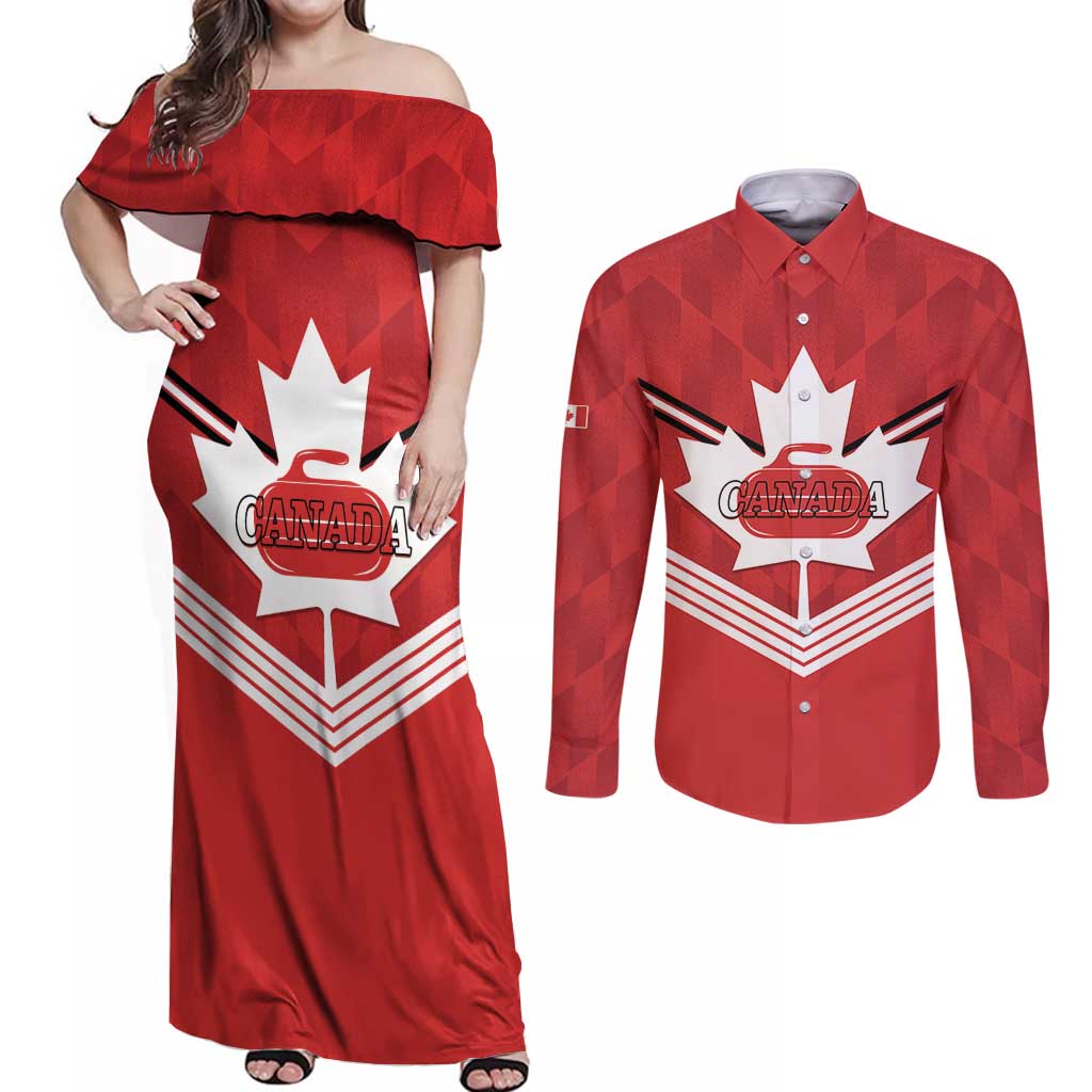 Personalized Canada Curling Couples Matching Off Shoulder Maxi Dress and Long Sleeve Button Shirt Maple Leaf Red Version - Wonder Print Shop