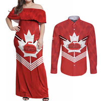 Personalized Canada Curling Couples Matching Off Shoulder Maxi Dress and Long Sleeve Button Shirt Maple Leaf Red Version - Wonder Print Shop